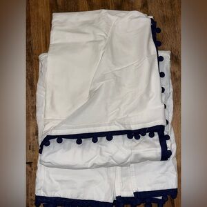 Pottery Barn Kids Crib Bed Skirt White Navy Blue Pom Pom Cotton Discontinued